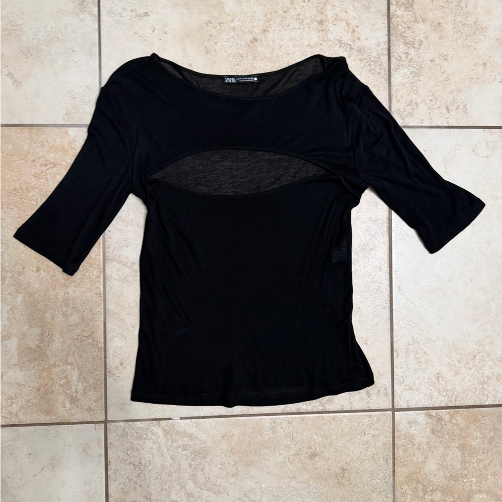 Zara Black Sheer-Panel Scoop Neck Short Sleeve Top